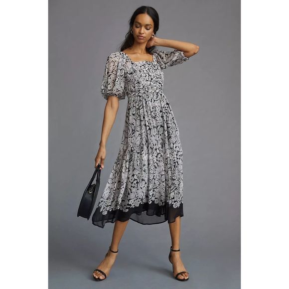Anthropologie Squareneck Smocked Midi Dress - Picture 1 of 11